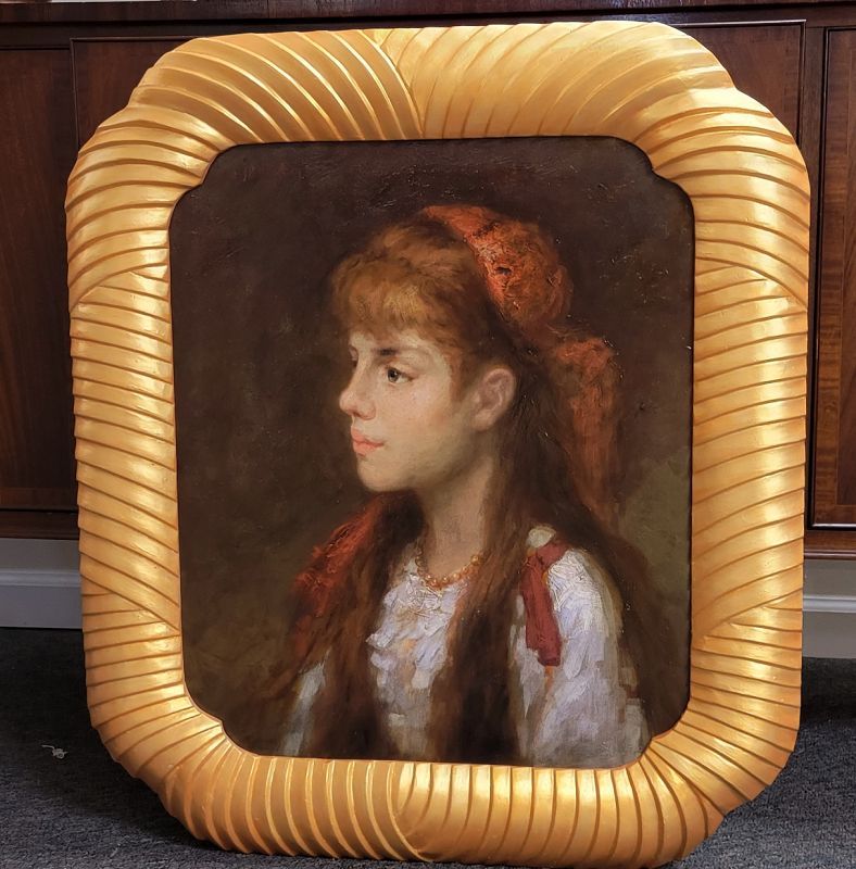 19th C Oil Painting of Young Gypsy Girl in Art Deco Gold Frame