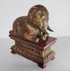 Antique Wooden Chinese Young Elephant Resting on Plinth Statue