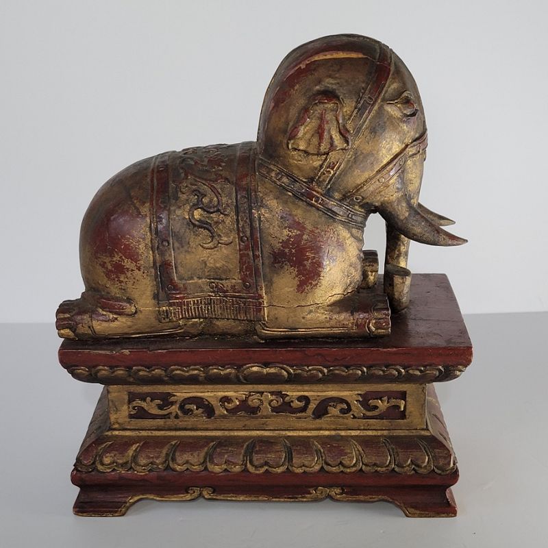 Antique Wooden Chinese Young Elephant Resting on Plinth Statue