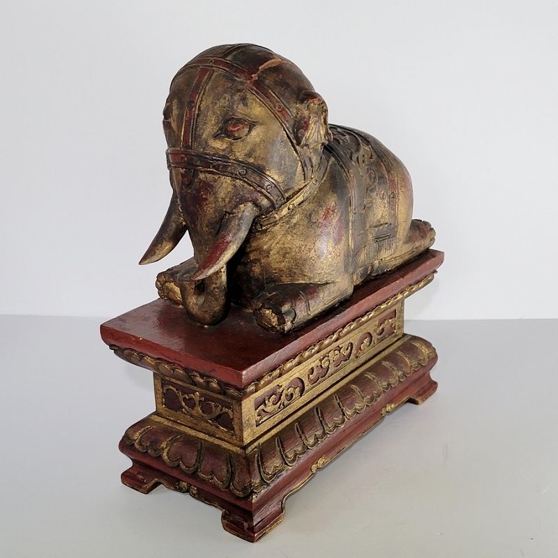Antique Wooden Chinese Young Elephant Resting on Plinth Statue