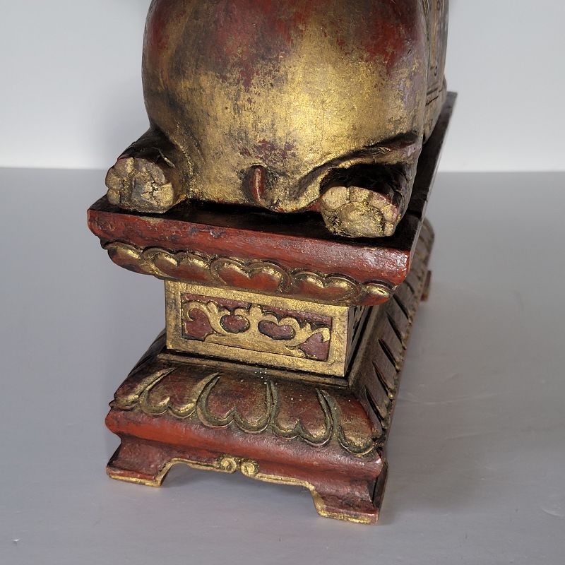 Antique Wooden Chinese Young Elephant Resting on Plinth Statue