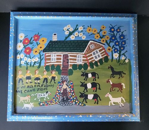 Sam the Dot Man, Folk Art Painting With Cows, Horses, People