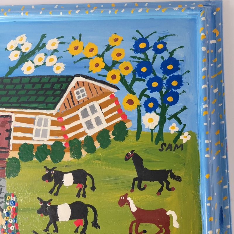 Sam the Dot Man, Folk Art Painting With Cows, Horses, People