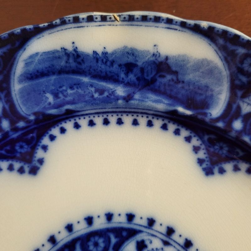Antique 10 inch English Flow Blue Plate with Hunt Scenes