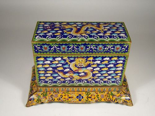 Large Early 20th C Chinese Cloisonne Box with Dragons on Stand