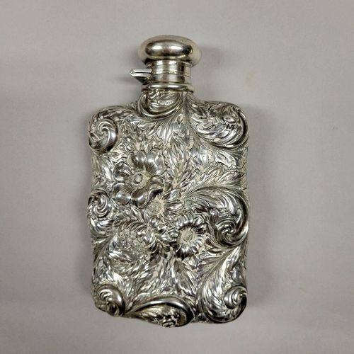 19th C Silver Floral Repousse Hip Flask