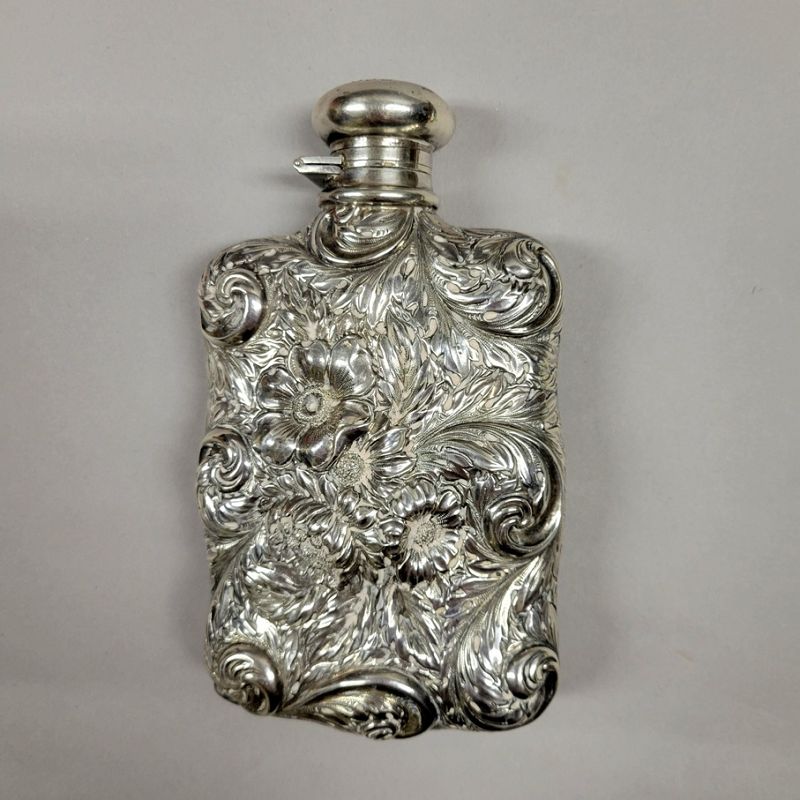 19th C Silver Floral Repousse Hip Flask