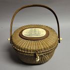 Nantucket Farnum Basket or Purse With Two Scrimshaw Plaques and Penny