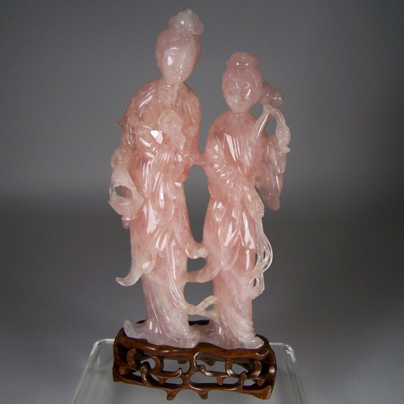 Early Republic Rose Quartz Carving of Two Chinese Beauties Statue