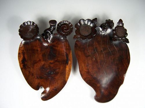 Pair of 19th C Qing Chinese Scholar’s Carved Hardwood Desk Trays.
