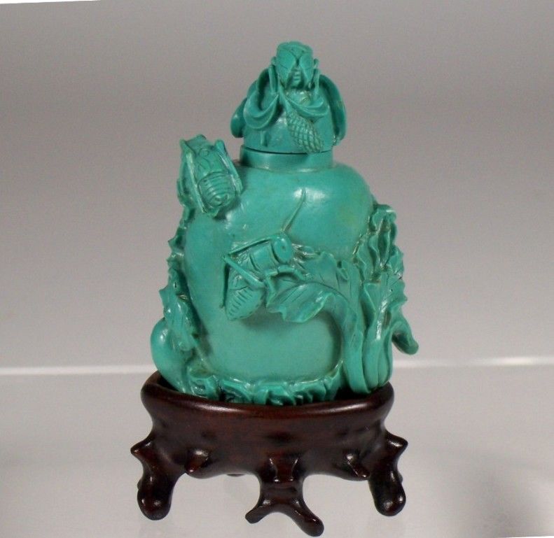 Antique Chinese Turquoise Snuff Bottle with Vegetables, Insects