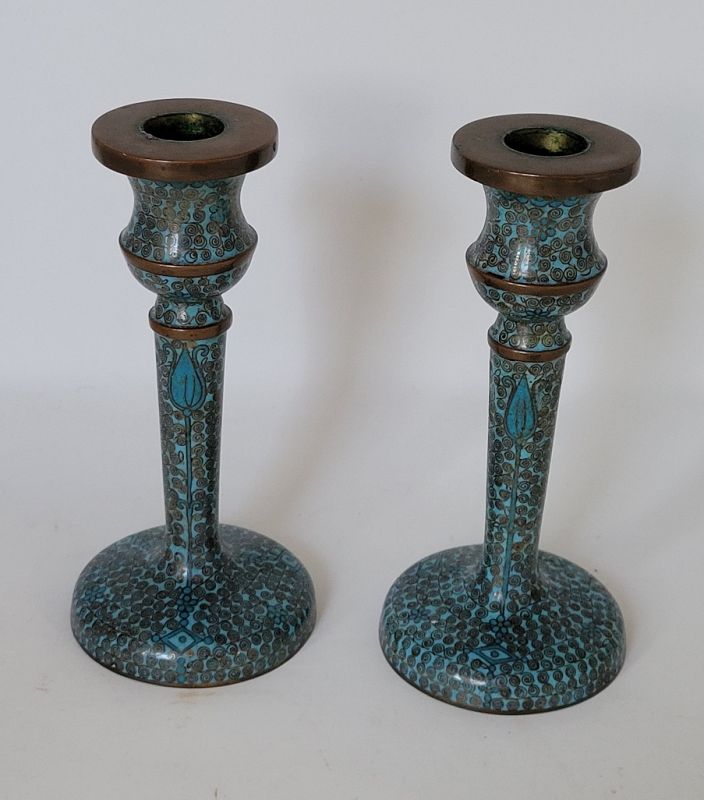 19th C Chinese Light Blue Cloisonne Candlesticks Candle Holders