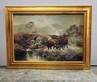 19th C Scottish Highland Cattle Oil on Canvas Painting Framed