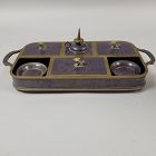 19th C Chinese Bronze and Dark Blue Cloisonne Opium Tray