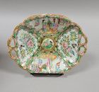 19th C Porcelain Rose Medallion Dish or Shallow Bowl With Handles