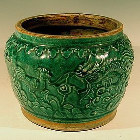 Green Shiwan Jardiniere Rooster Dragon Deer, 19th C