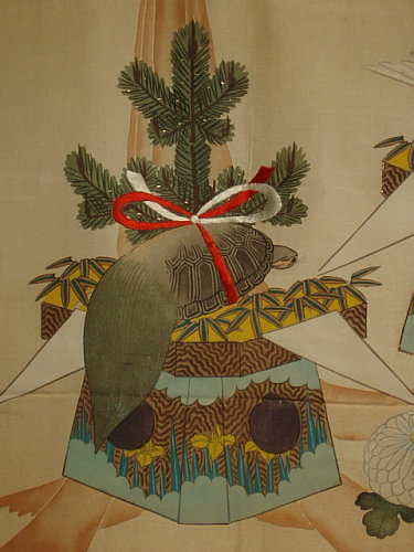 Japanese Silk Fukusa with Crane and Turtle, late Meiji