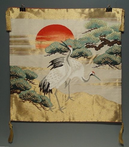 Mid-Showa Woven Crane Fukusa, Gold Turtle Tassels