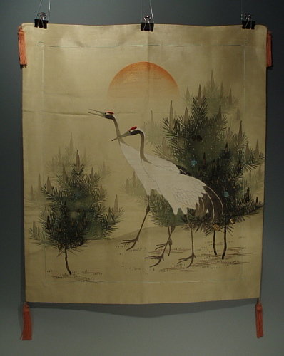 Japanese Silk Fukusa with Two Cranes, Early Meiji