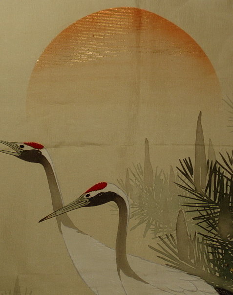Japanese Silk Fukusa with Two Cranes, Early Meiji