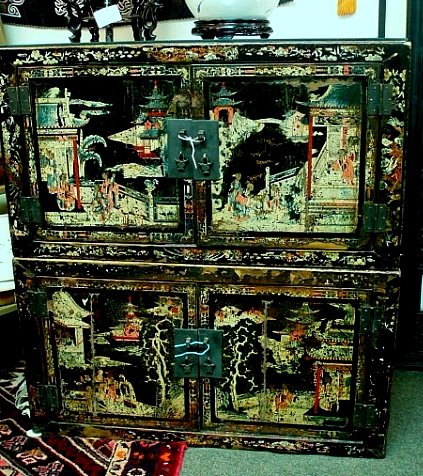 Black Lacquer on Wood Chinese Cabinets with Court Scene