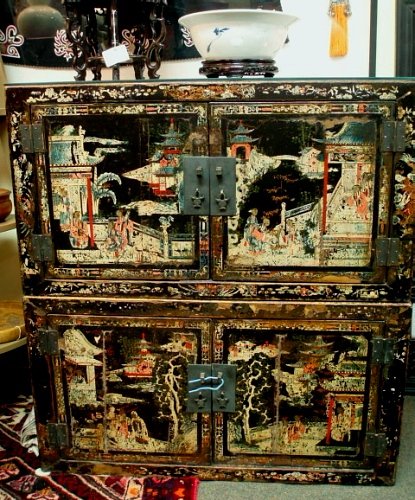 Black Lacquer on Wood Chinese Cabinets with Court Scene