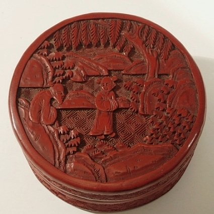 Chinese Round Red Lacquer Cinnabar Box with Figures