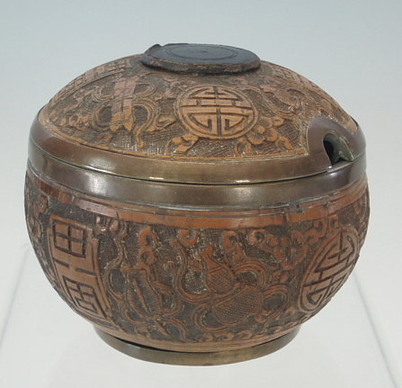 Rare Coconut and Metal Opium Box with Precious Objects
