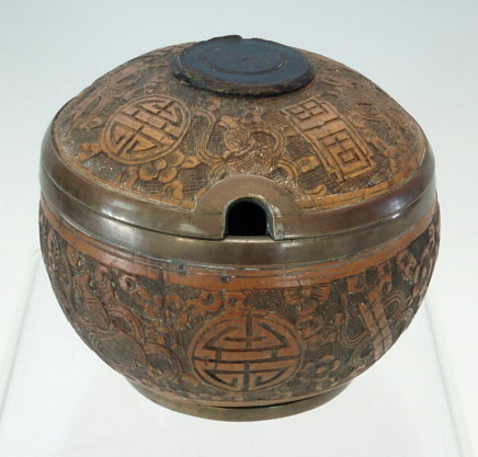 Rare Coconut and Metal Opium Box with Precious Objects