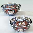 Pair Japanese Imari Rice Bowls with Lids, Genroku
