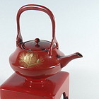 Japanese Red Lacquer and Gold Sake Pot with Stand