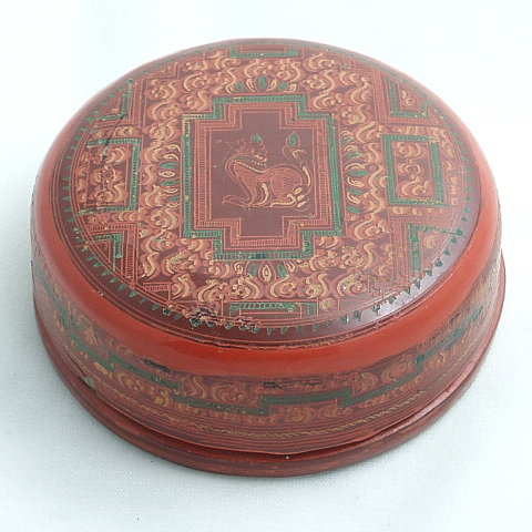 Thai Red Lacquer Betel Box with Temple Dog, 19th C
