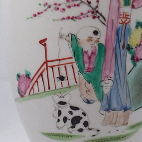 Chinese Porcelain Vase Boy with Cat and Spider Toy