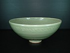 Rare Ming yongle longquan celadon large carved bowl