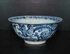 Ming 15th century blue and white flowery dragon bowl