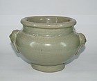 Rare Yuan dynasty longquan celadon large censer with animal ears