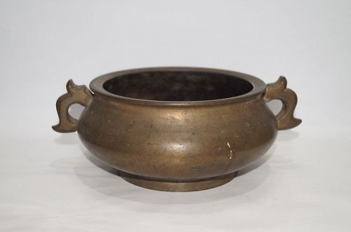 Qing dynasty Chinese bronze censer dragon handle
