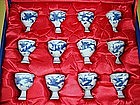 Set of 12 Transitional blue and white dragon stem cup
