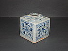 Rare Yuan blue and white square jar, dragon motif.