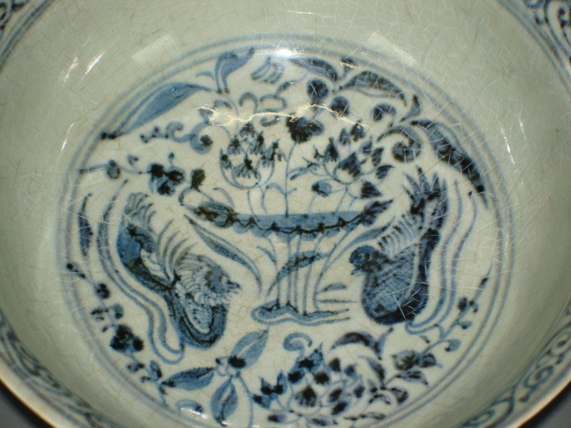 Yuan dynasty blue and white bowl with mandarin ducks