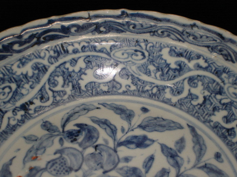 Rare Ming 15th century blue and white dish, bird motif