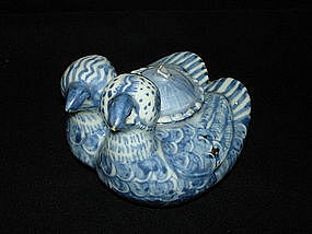 Good early Ming blue and white mandarin duck ewer