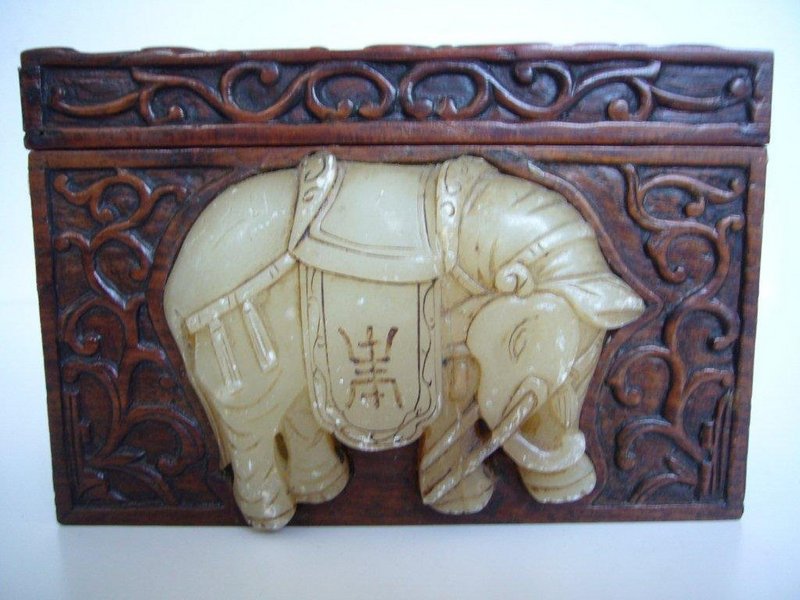 Chinese Carved Redwood Box with Soapstone Ornaments