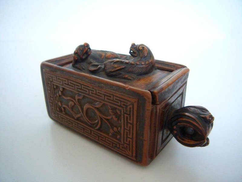Rare Chinese Carved Boxwood Tobacco Box