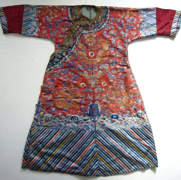 Chinese Embroidered Robe with Gold Buttons Late Qing