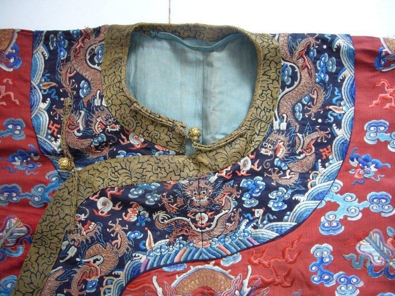 Chinese Embroidered Robe with Gold Buttons Late Qing