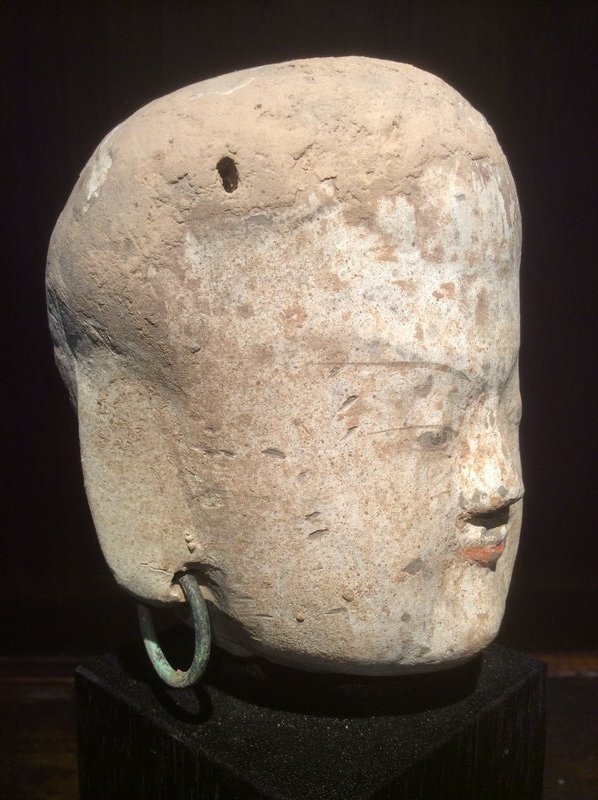 Han Dynasty Pottery Head with Bronze Earrings
