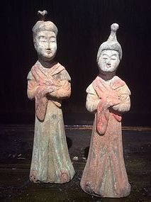 Pair Of Tang Dynasty Painted Pottery Court Ladies with TL-test