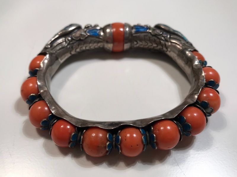 Chinese Silver and Coral Bracelet Late Qing