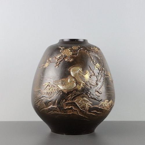 Japanese Bronze Vase with two Mandarin ducks